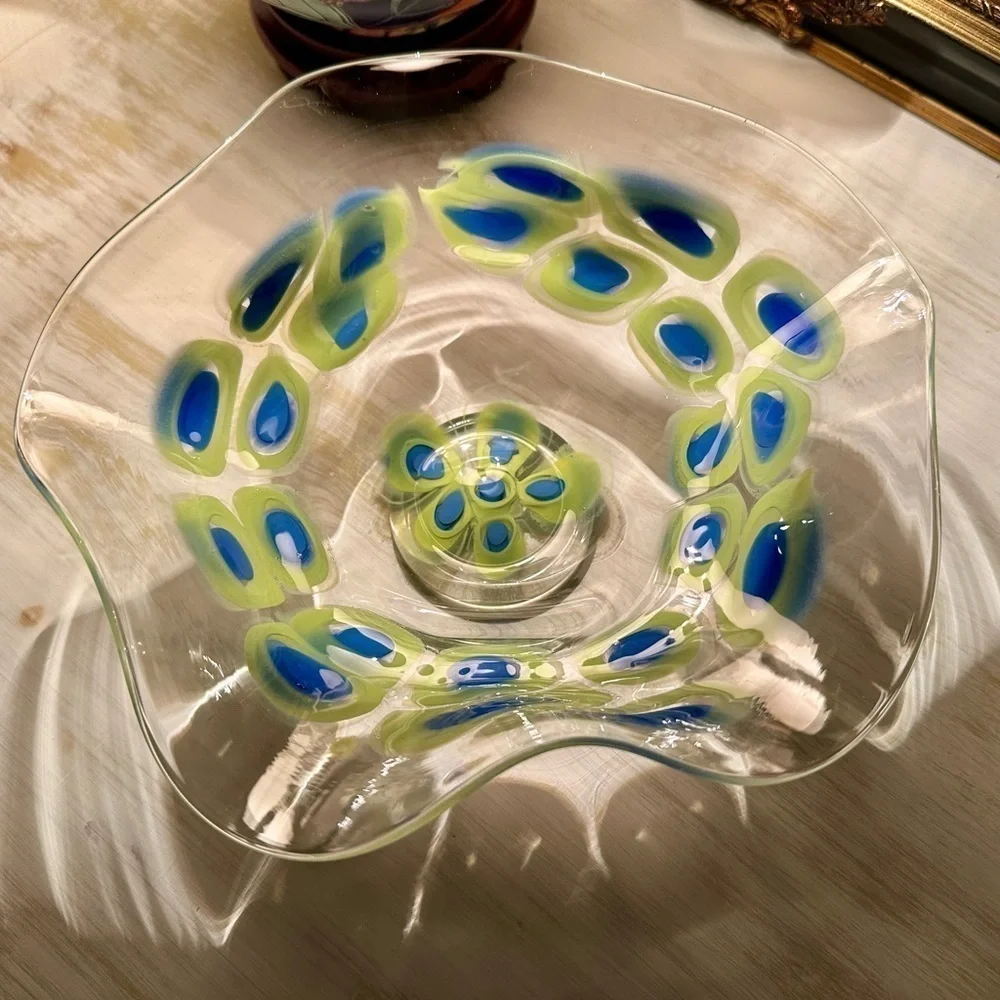 WAVY, CLEAR MIX BOWL WITH BLUE/GREEN DESIGN. HANDMADE. 8 1/4”W X 3 1/2”H